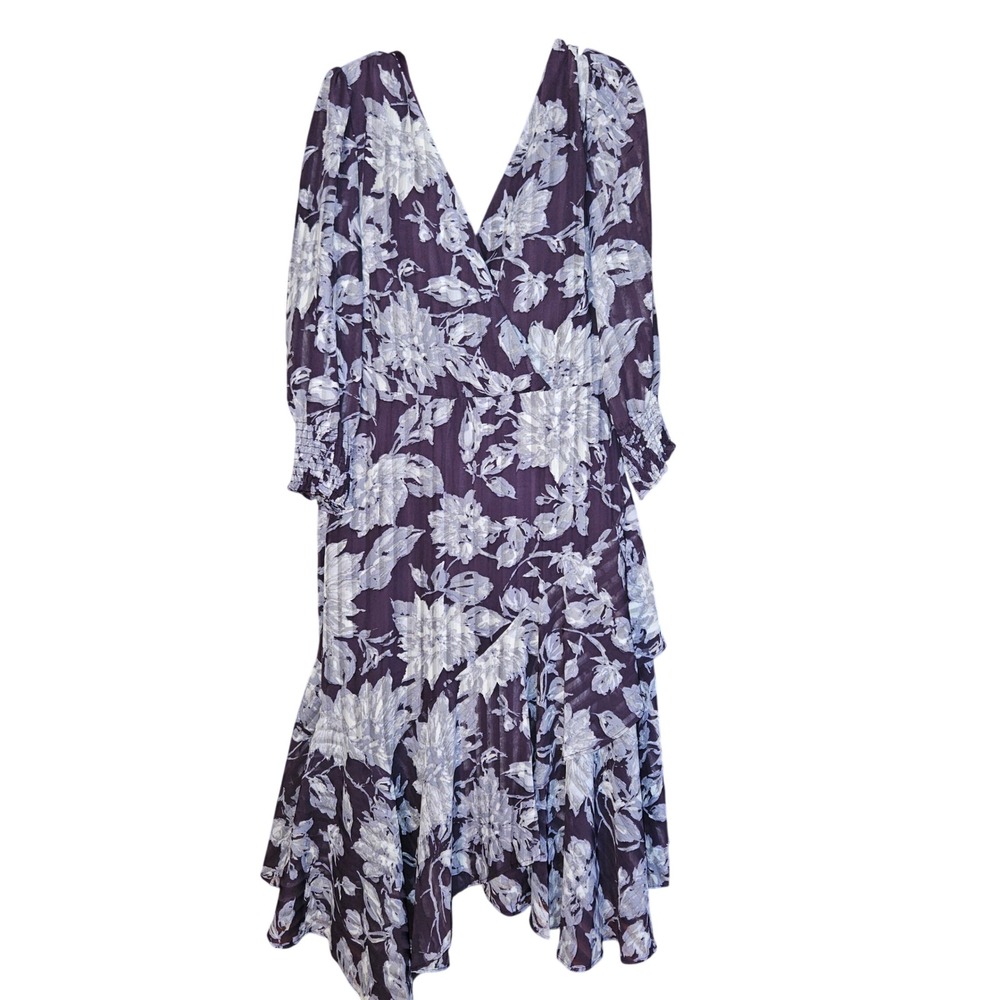 Plum Lavender Floral V-Neck Tiered Ruffle Midi Dress‎ Size 10 58078MZ